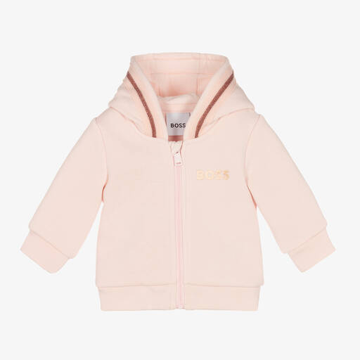 BOSS-Sweat à capuche rose zippé en coton | Childrensalon Outlet