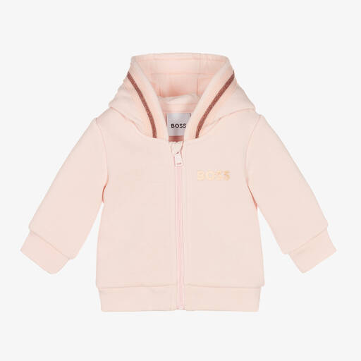 BOSS-Girls Pink Cotton Zip-Up Hoodie | Childrensalon Outlet