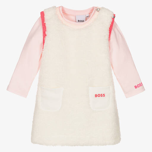 BOSS-طقم فستان فرو صناعي لون زهري وعاجي | Childrensalon Outlet