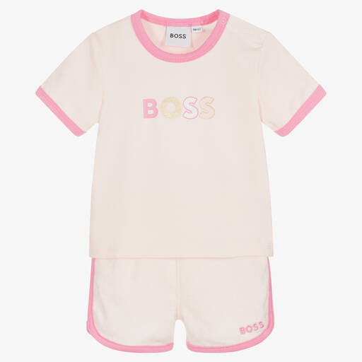 BOSS-Girls Pink Organic Cotton Logo Shorts Set | Childrensalon Outlet