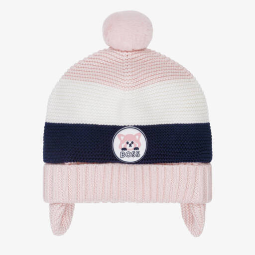 BOSS-Girls Pink Pom-Pom Knit Hat | Childrensalon Outlet
