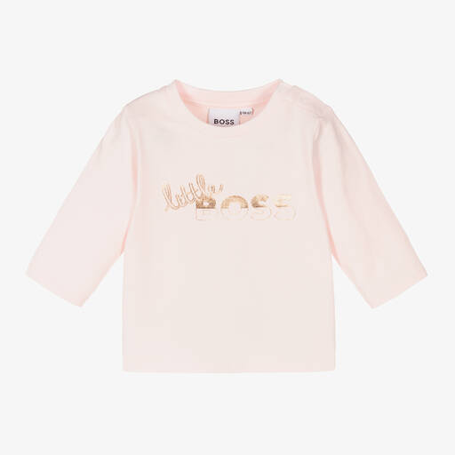 BOSS-Girls Pink & Rose Gold Cotton Top  | Childrensalon Outlet