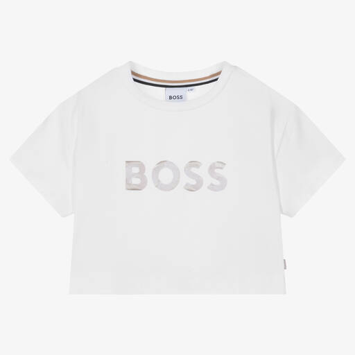 BOSS-T-shirt court blanc en coton fille | Childrensalon Outlet