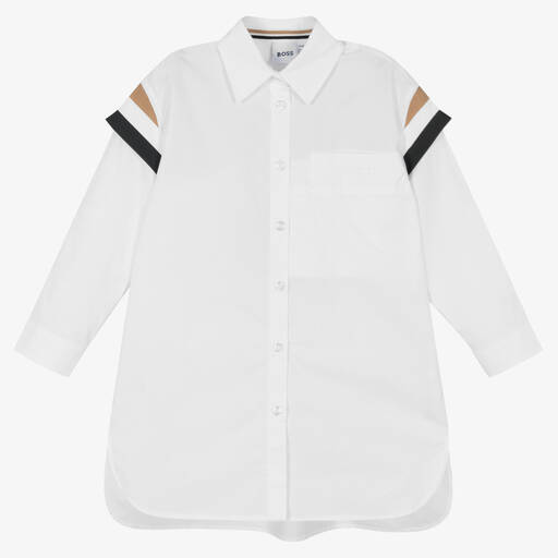 BOSS-فستان قميص قطن بوبلين لون أبيض | Childrensalon Outlet