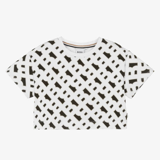 BOSS-Girls White Monogram Cropped T-Shirt | Childrensalon Outlet