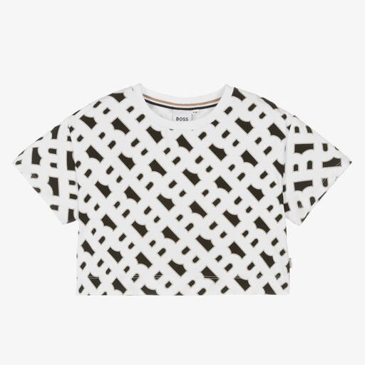 BOSS-Girls White Monogram Cropped T-Shirt | Childrensalon Outlet