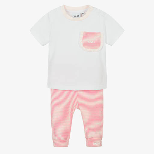 BOSS-Girls White & Pink Cotton Trouser Set | Childrensalon Outlet