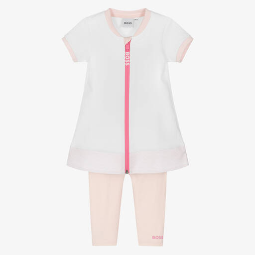 BOSS-Girls White & Pink Dress & Leggings Set | Childrensalon Outlet