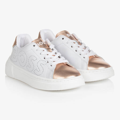 BOSS-Girls White & Rose Gold Leather Trainers | Childrensalon Outlet
