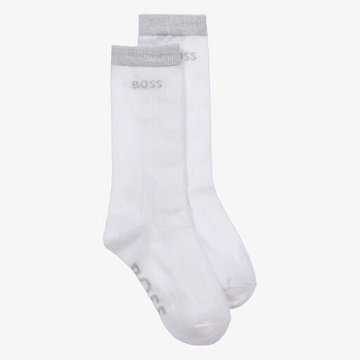 BOSS-Girls White & Silver Logo Socks | Childrensalon Outlet