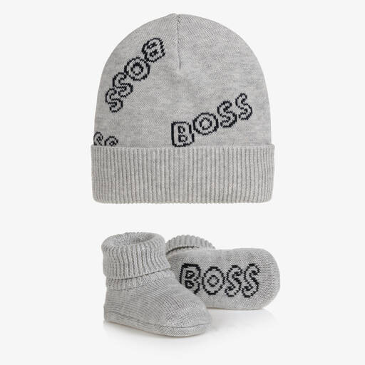 BOSS-طقم هدية قبعة قطن محبوك لون رمادي | Childrensalon Outlet