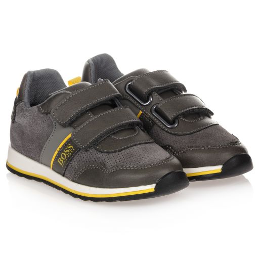 BOSS-Boys Grey Leather Trainers | Childrensalon Outlet