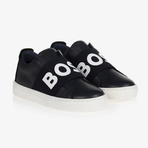 BOSS-Navy Blue Leather Trainers | Childrensalon Outlet