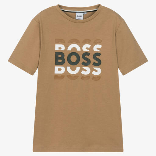 BOSS-Бежевая хлопковая футболка для мальчиков-подростков  | Childrensalon Outlet