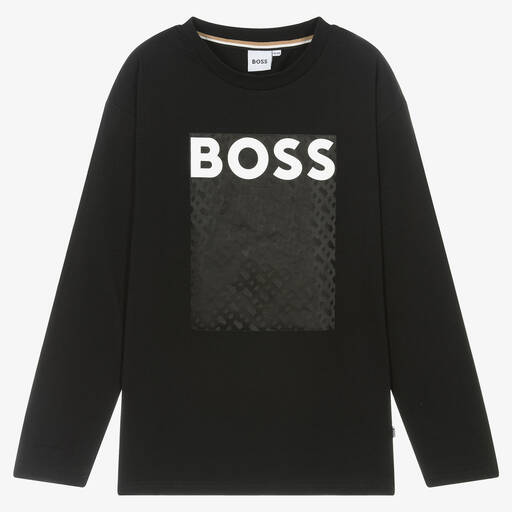 BOSS-Teen Boys Black Cotton Monogram Top | Childrensalon Outlet