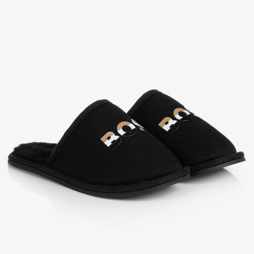 BOSS-Teen Boys Black Padded Mesh Slippers | Childrensalon Outlet