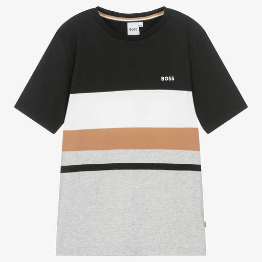 BOSS-Schwarzes Streifen-Baumwoll-T-Shirt | Childrensalon Outlet