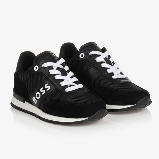 BOSS-Teen Boys Black Suede Leather Logo Trainers | Childrensalon Outlet