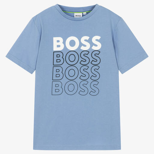BOSS-Teen Boys Blue Cotton Logo T-Shirt | Childrensalon Outlet