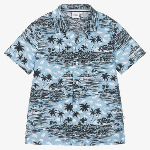 BOSS-Teen Boys Blue Cotton Tropical Shirt | Childrensalon Outlet