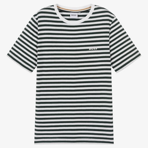 BOSS-Teen Boys Green & White Striped T-Shirt | Childrensalon Outlet