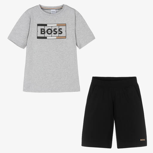 BOSS-Teen Boys Grey & Black Logo Shorts Set  | Childrensalon Outlet