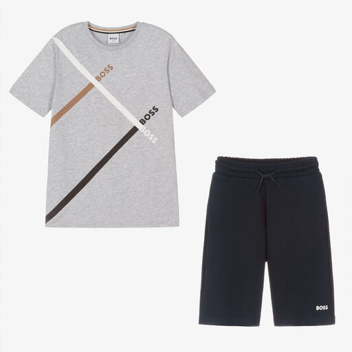 BOSS-Teen Boys Grey Cotton Logo Shorts Set | Childrensalon Outlet