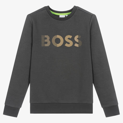 BOSS-سويتشيرت قطن جيرسي لون رمادي تينز ولادي | Childrensalon Outlet