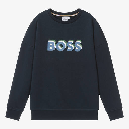 BOSS-سويتشيرت قطن جيرسي لون كحلي داكن للمراهقين | Childrensalon Outlet
