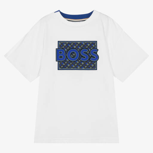 BOSS-تيشيرت تينز ولادي قطن جيرسي لون أبيض وأزرق | Childrensalon Outlet