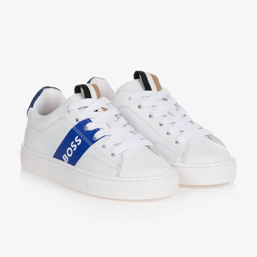 BOSS-Teen Boys White & Blue Logo Trainers | Childrensalon Outlet