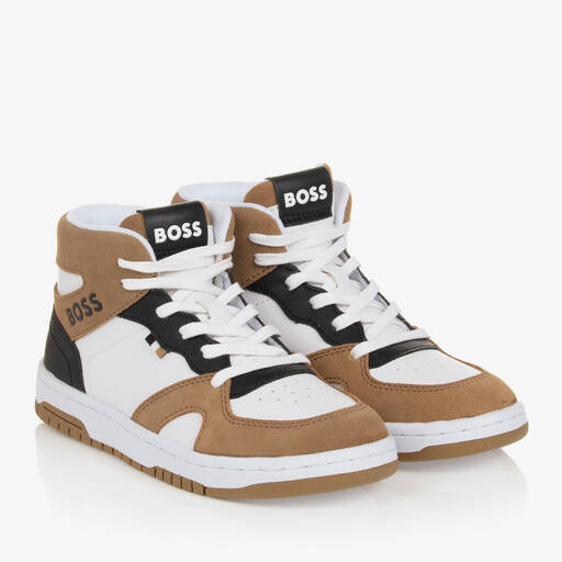 BOSS-Teen Boys White & Brown High Top Trainers | Childrensalon Outlet