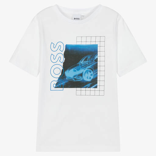 BOSS-Белая хлопковая футболка с рисунком | Childrensalon Outlet