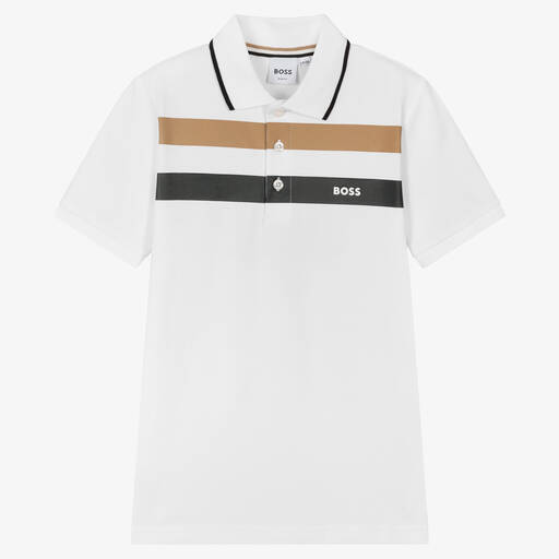BOSS-Teen Boys White Cotton Logo Polo Shirt | Childrensalon Outlet