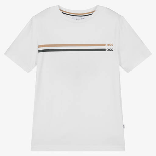 BOSS-Teen Boys White Cotton Logo T-Shirt | Childrensalon Outlet