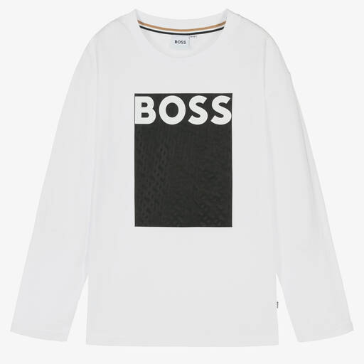 BOSS-Teen Boys White Cotton Monogram Top | Childrensalon Outlet