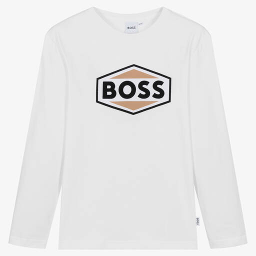 BOSS-توب قطن جيرسي لون أبيض تينز ولادي | Childrensalon Outlet
