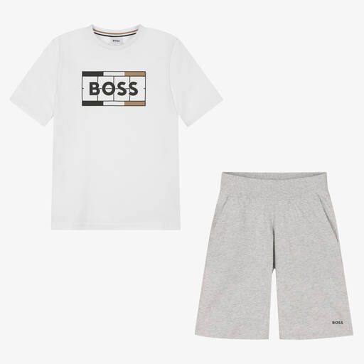 BOSS-Teen Boys White & Grey Logo Shorts Set | Childrensalon Outlet