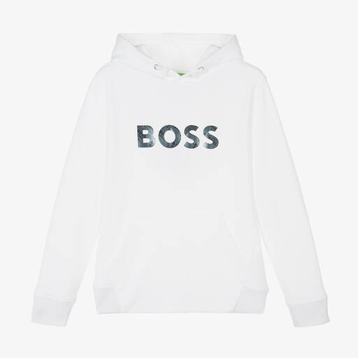 BOSS-Teen Boys White Jersey Logo Hoodie | Childrensalon Outlet