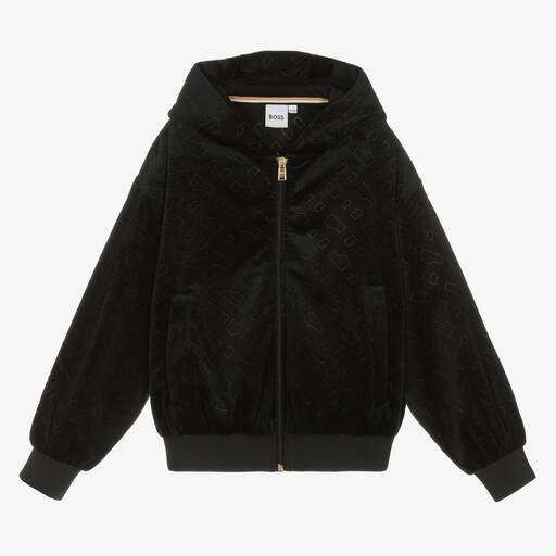 BOSS-Черная велюровая худи на молнии | Childrensalon Outlet