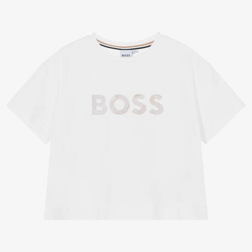 BOSS-Teen Girls White Cotton Cropped T-Shirt | Childrensalon Outlet
