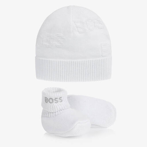 BOSS-White Knitted Hat & Booties Gift Set | Childrensalon Outlet