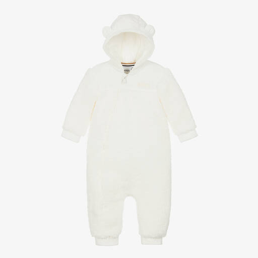 BOSS-White Teddy Fleece Hooded Pramsuit | Childrensalon Outlet