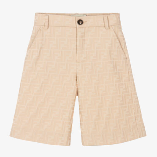 Fendi-Boys Beige FF Cotton Shorts | Childrensalon Outlet