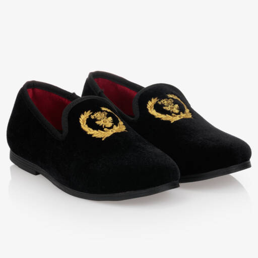 Roma e Toska-Лоферы из черного бархата с гербом для мальчиков | Childrensalon Outlet
