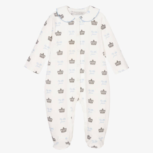 Rachel Riley-Boys Ivory & Blue Cotton Crown Babygrow | Childrensalon Outlet