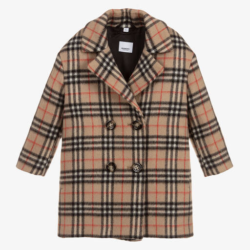 Burberry-Beige Check Wool Pea Coat | Childrensalon Outlet