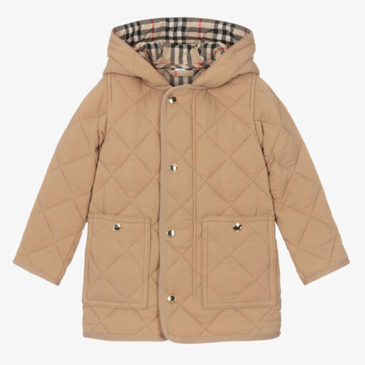 Burberry-Бежевая стеганая куртка с капюшоном для мальчиков | Childrensalon Outlet