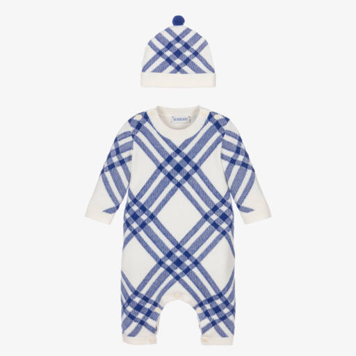 Burberry-طقم رومبر صوفي بنقشة مربعات زرقاء للأولاد | Childrensalon Outlet