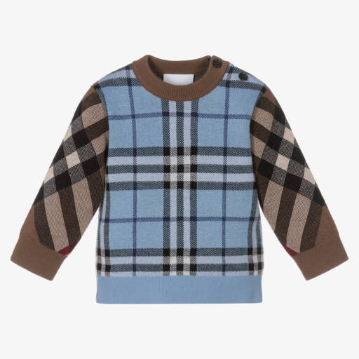 Burberry-بلوفر مزيج صوف محبوك كاروهات لون أزرق وبني | Childrensalon Outlet